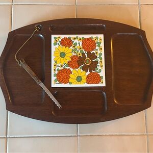 Vintage Gail Craft Wooden Charcuterie Board with Floral Tile
